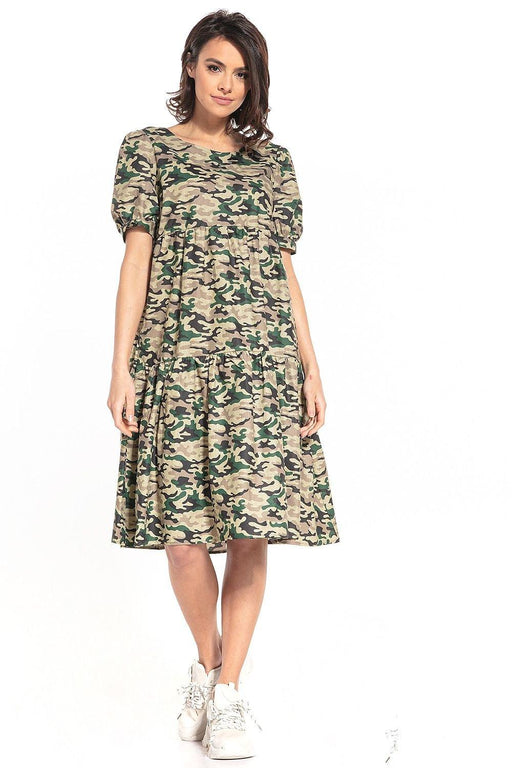 Floral Midi Dress with Elegant Boat Neck and Trendy Puff Sleeves