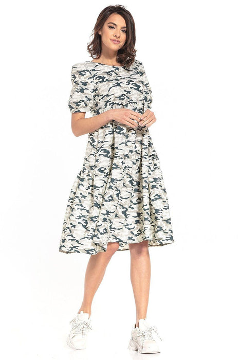 Floral Midi Dress with Elegant Boat Neck and Trendy Puff Sleeves