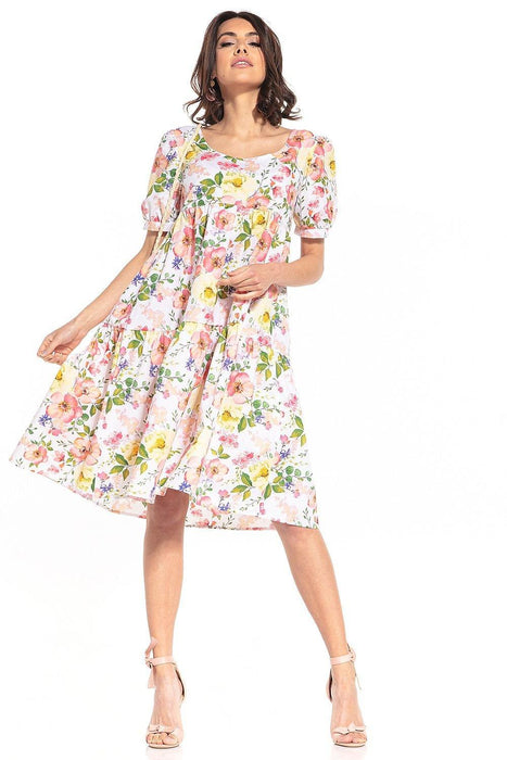 Floral Midi Dress with Elegant Boat Neck and Trendy Puff Sleeves