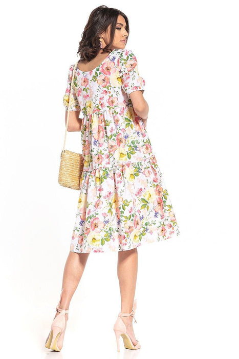 Floral Midi Dress with Elegant Boat Neck and Trendy Puff Sleeves