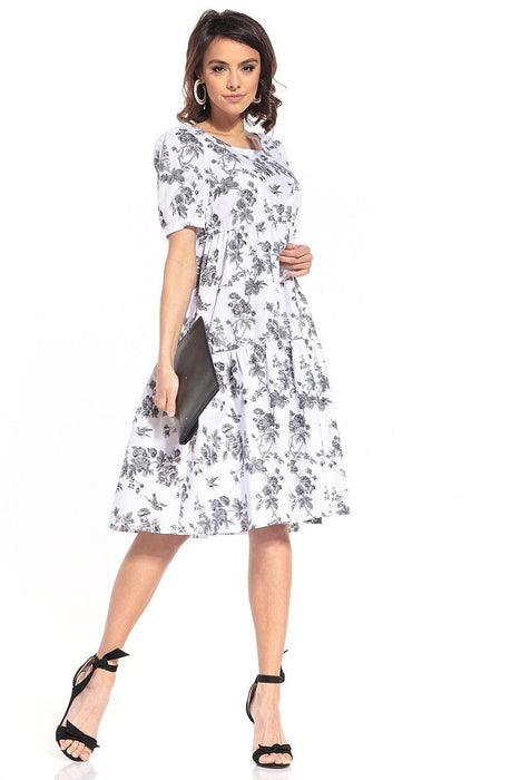 Floral Midi Dress with Elegant Boat Neck and Trendy Puff Sleeves