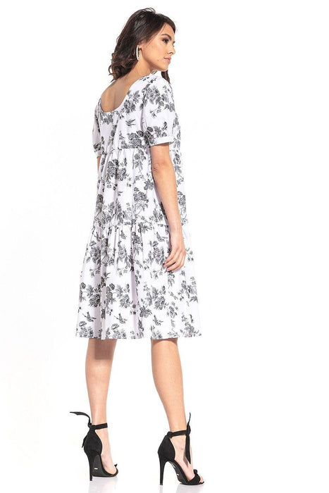 Floral Midi Dress with Elegant Boat Neck and Trendy Puff Sleeves