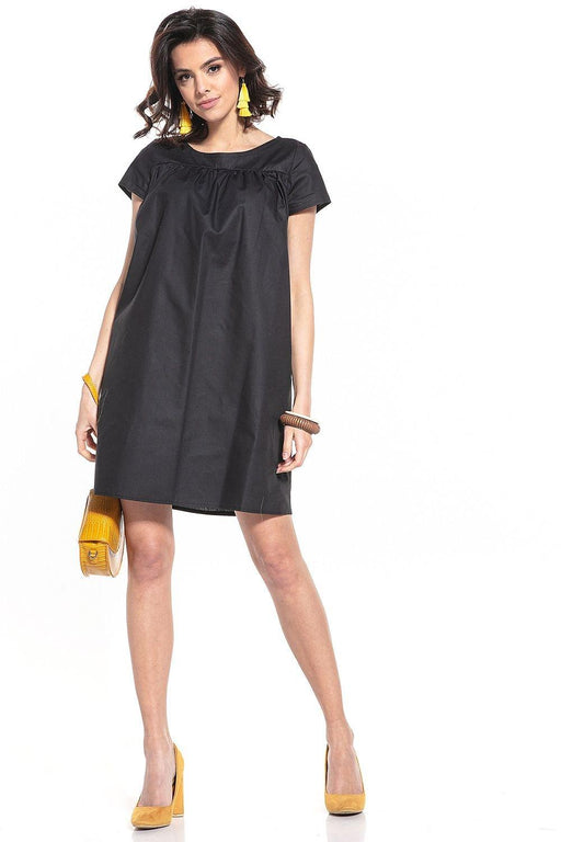 Elegant Cotton Mini Dress with Boat Neck and Trendy Details