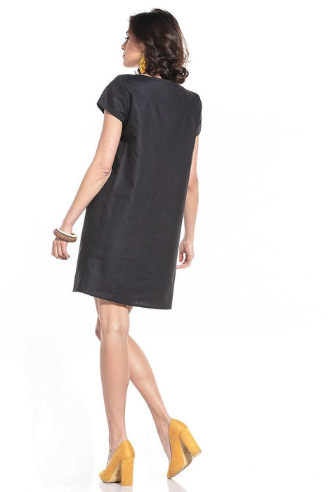 Elegant Cotton Mini Dress with Boat Neck and Trendy Details