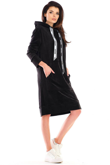 Elegant Velour Midi Dress with Handy Front Pocket