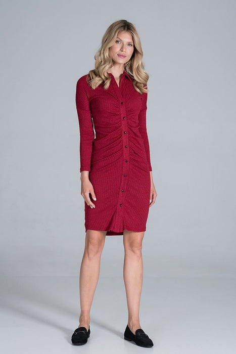 Elegant Pleated Ribbed Knit Midi Dress with Collar and Long Sleeves