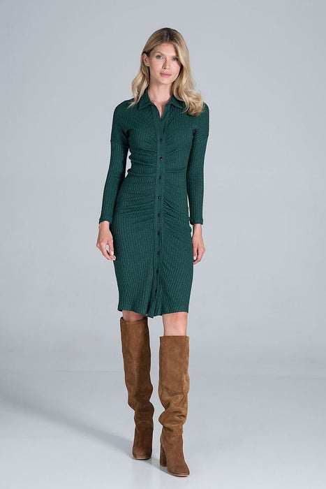 Elegant Pleated Ribbed Knit Midi Dress with Collar and Long Sleeves