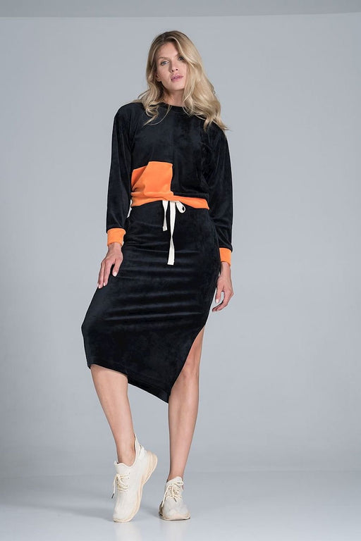 Elegant Velvet Ensemble with Long-Sleeve Top and Slit Skirt