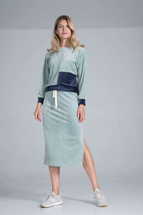 Elegant Velvet Ensemble with Long-Sleeve Top and Slit Skirt