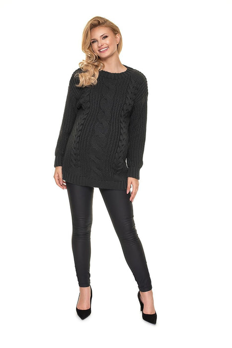 Stylish Maternity Knit Sweater - Beautifully Braided Front & Sophisticated Stand-Up Collar