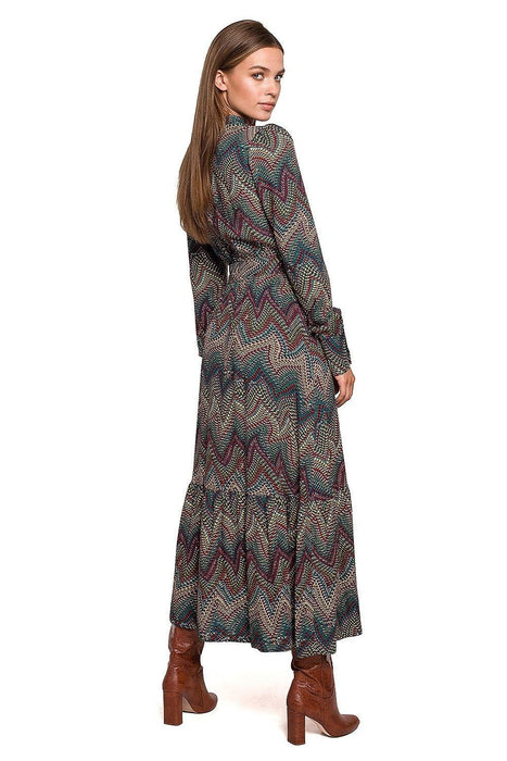 Chic Aztec Print Ruffle Maxi Dress with Stand-up Collar