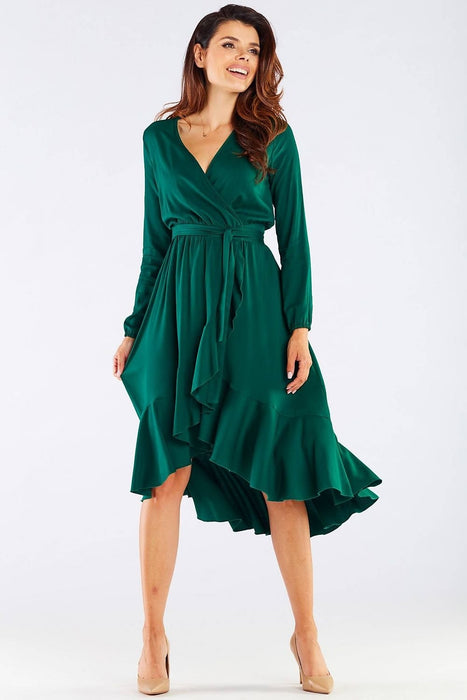 Elegant Ruffled Viscose Evening Gown with Stylish Details