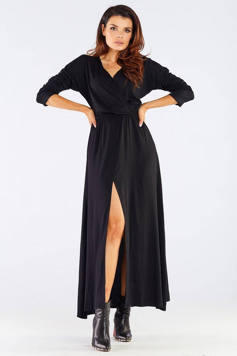 Elegant Long-Sleeve Maxi Dress with Zip Closure