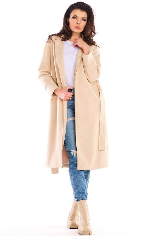 Chic Suede Women's Trench Coat with Adjustable Waist Tie