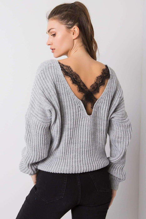 Stylish Grey Acrylic Knit Sweater with Distinctive Back Neckline