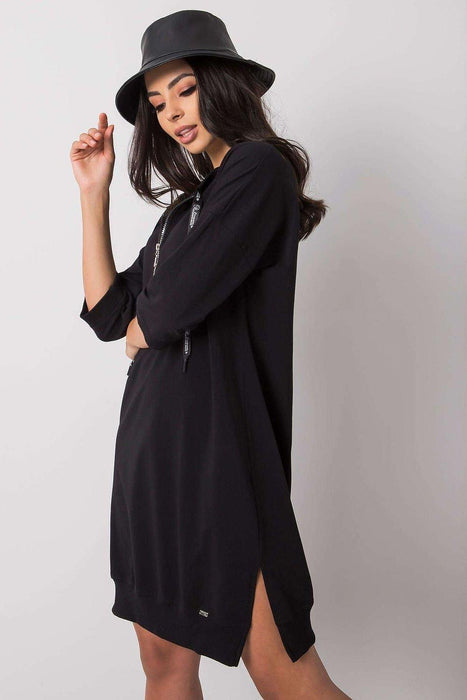 Elegant Black Cotton Zip Dress with Modern Slit Details