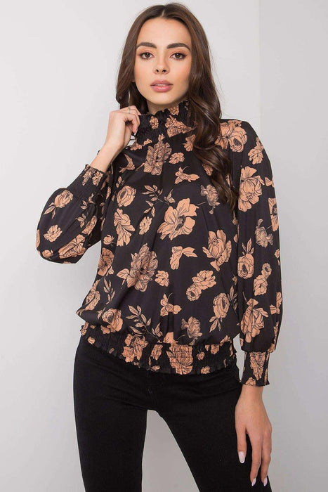 Floral Elegance: Navy Blue and Camel Long-Sleeve Blouse by Italy Moda