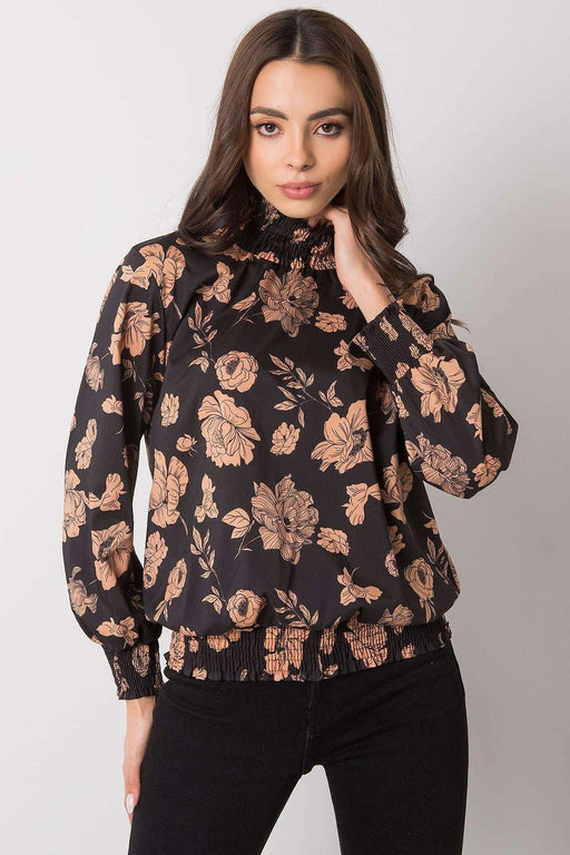 Floral Elegance: Navy Blue and Camel Long-Sleeve Blouse by Italy Moda