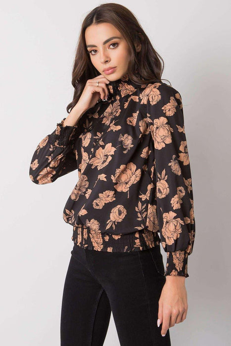 Floral Elegance: Navy Blue and Camel Long-Sleeve Blouse by Italy Moda