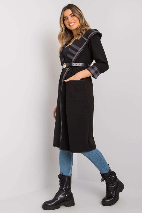 Elegant Black Hooded Women's Coat with Belt and Pockets - Italian Fashion