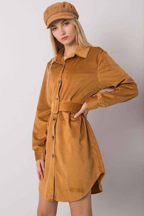 Chic Camel Button-Down Dress with Belt for Effortless Daywear Style