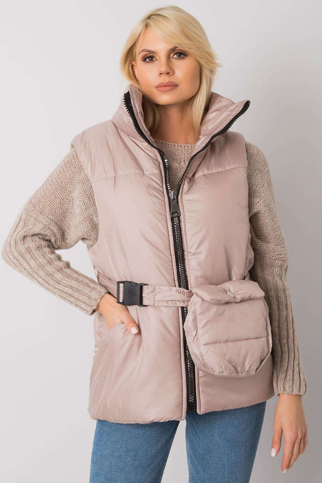 Chic Ecru Puffer Vest with Adjustable Belt and Functional Pockets