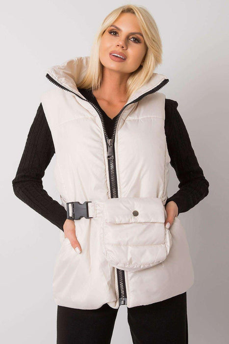 Chic Ecru Puffer Vest with Adjustable Belt and Functional Pockets