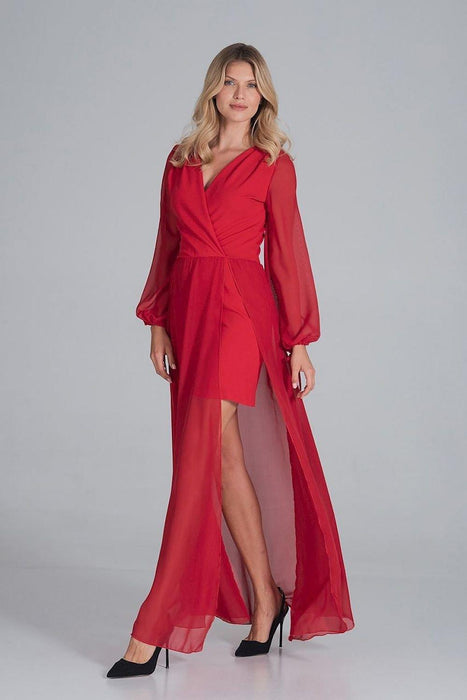 Chic Envelope Neckline Chiffon Evening Gown with Flowing Sleeves