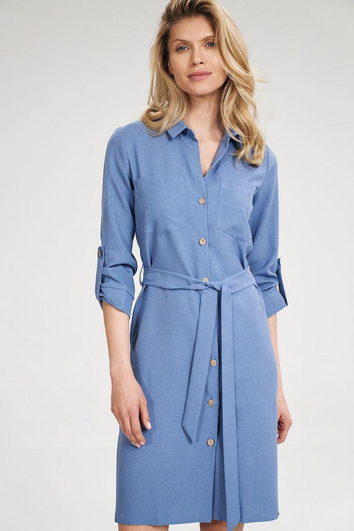 Chic 3/4 Sleeve Button-Down Shirt Dress with Functional Pockets