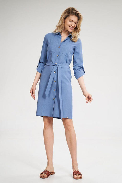 Chic 3/4 Sleeve Button-Down Shirt Dress with Functional Pockets