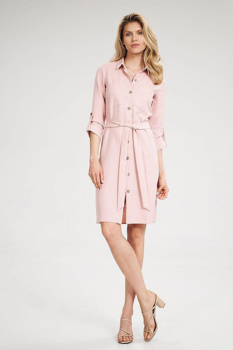 Chic 3/4 Sleeve Button-Down Shirt Dress with Functional Pockets