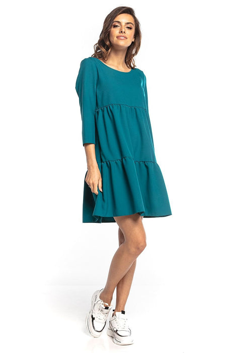 Elegant Ruffled Flare Mini Dress with Boat Neck and Three-Quarter Sleeves