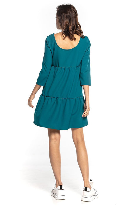 Elegant Ruffled Flare Mini Dress with Boat Neck and Three-Quarter Sleeves