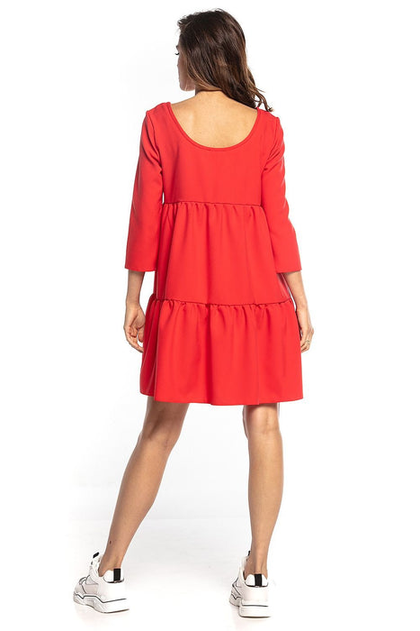 Elegant Ruffled Flare Mini Dress with Boat Neck and Three-Quarter Sleeves