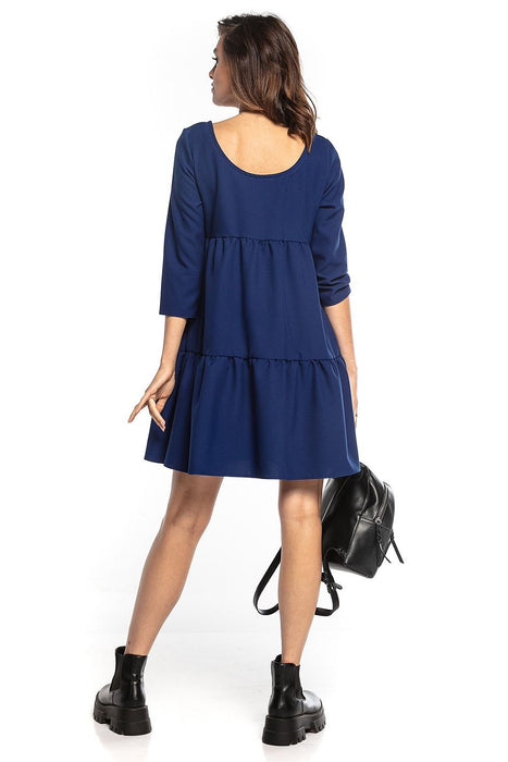 Elegant Ruffled Flare Mini Dress with Boat Neck and Three-Quarter Sleeves