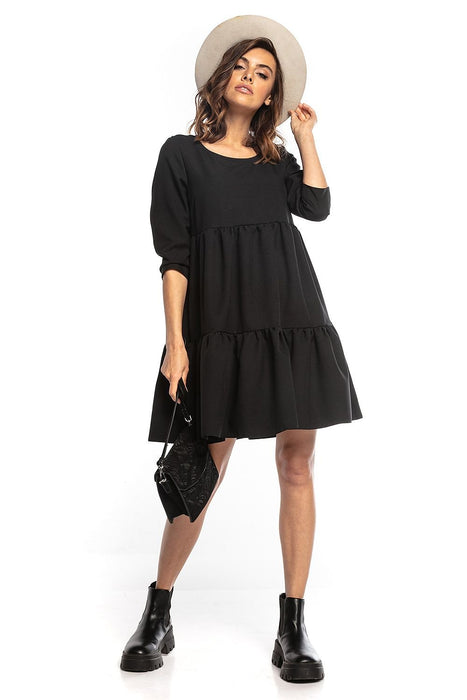 Elegant Ruffled Flare Mini Dress with Boat Neck and Three-Quarter Sleeves