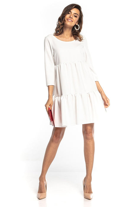 Elegant Ruffled Flare Mini Dress with Boat Neck and Three-Quarter Sleeves