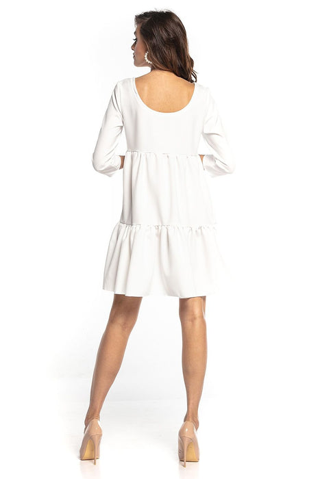 Elegant Ruffled Flare Mini Dress with Boat Neck and Three-Quarter Sleeves