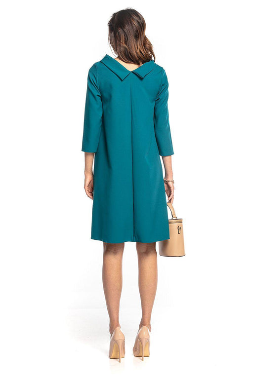 Elegant Midi Trapeze Dress with Folded Collar and 3/4 Sleeves