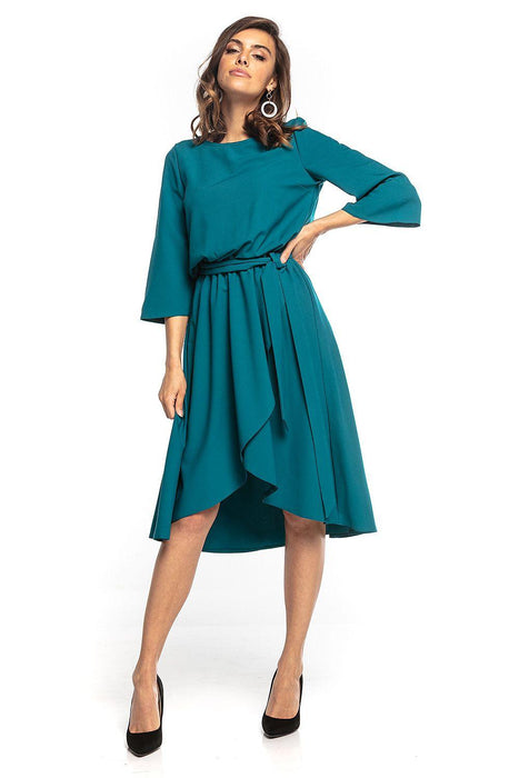 Elegant Asymmetric Midi Dress with Belted Waist and 3/4 Sleeves