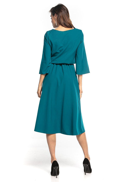 Elegant Asymmetric Midi Dress with Belted Waist and 3/4 Sleeves