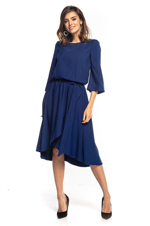 Chic Asymmetrical Midi Dress with Elastic Waist and Accompanying Belt