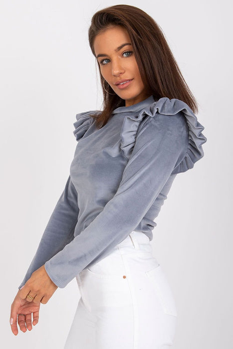 Velvet Vibe Blouse with Chic Frills and Button Accents