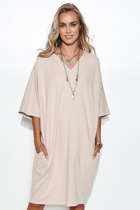 Geometric Cut Macadamia Casual Oversized Sweatshirt Dress