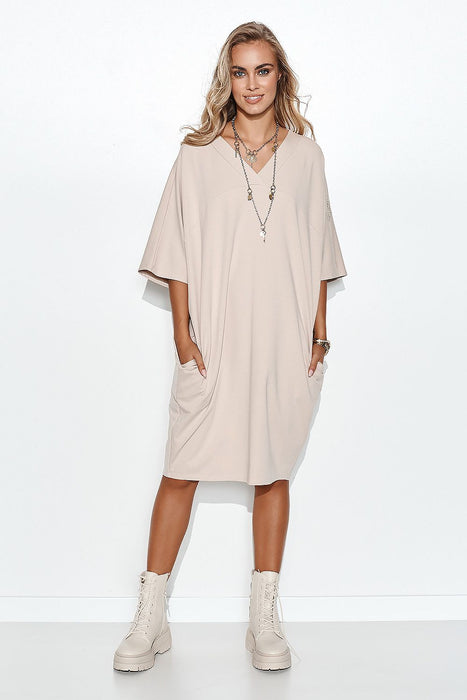 Geometric Cut Macadamia Casual Oversized Sweatshirt Dress