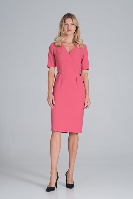 Chic Envelope Neckline Midi Pencil Dress with Stylish Button Accents