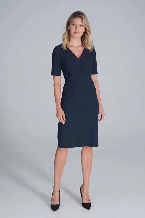 Chic Envelope Neckline Midi Pencil Dress with Stylish Button Accents