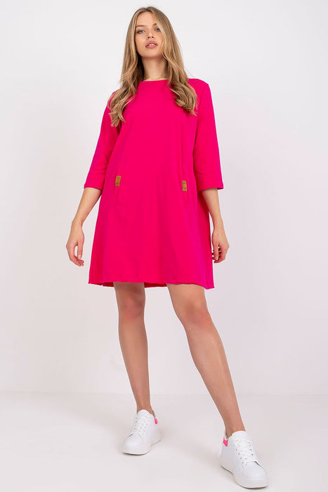 Versatile Cotton Blend Daydress - Trendy 3/4 Sleeves, Relaxed Fit with Functional Pockets