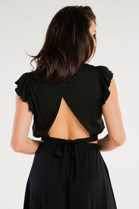 Elegant Viscose Back-Tie Blouse with Ruffled Sleeves