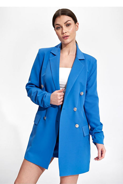 Chic Longline Double-Breasted Jacket with Distinctive Sleeve Accents